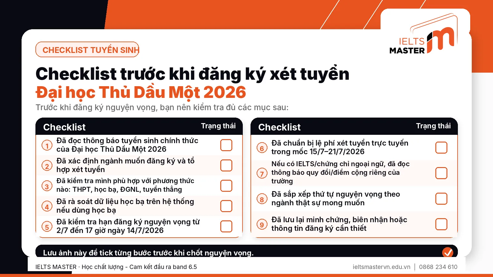 Checklist đăng ký phương thức tuyển sinh Đại học Thủ Dầu Một 2026