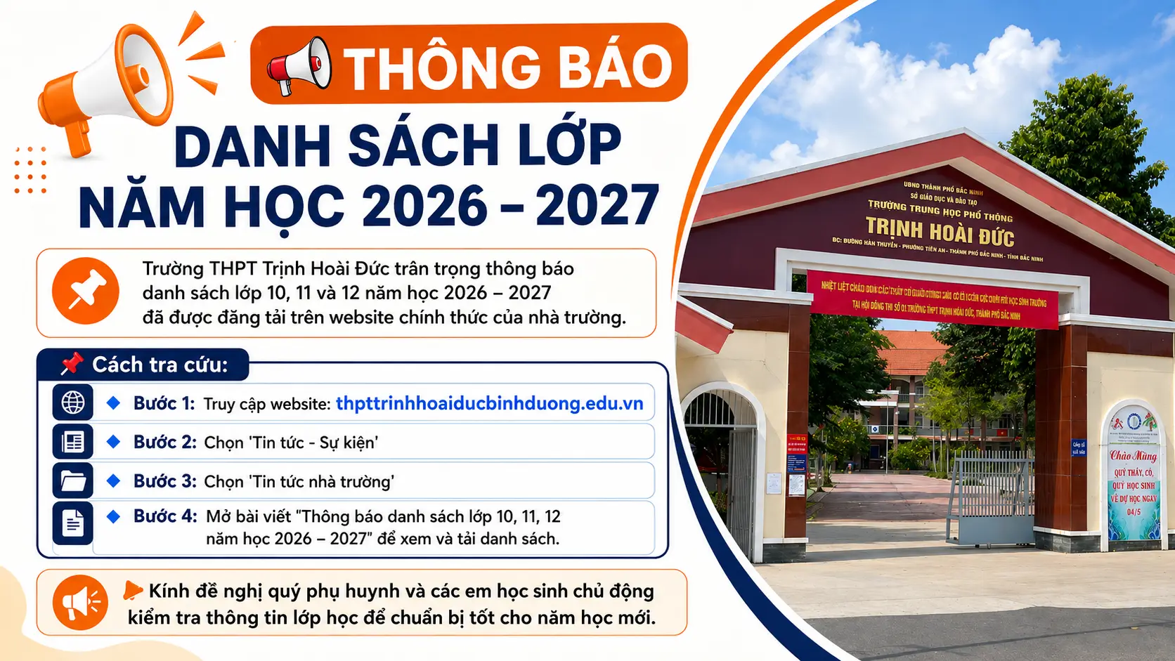 Danh sách lớp THPT Trịnh Hoài Đức 2026 2027